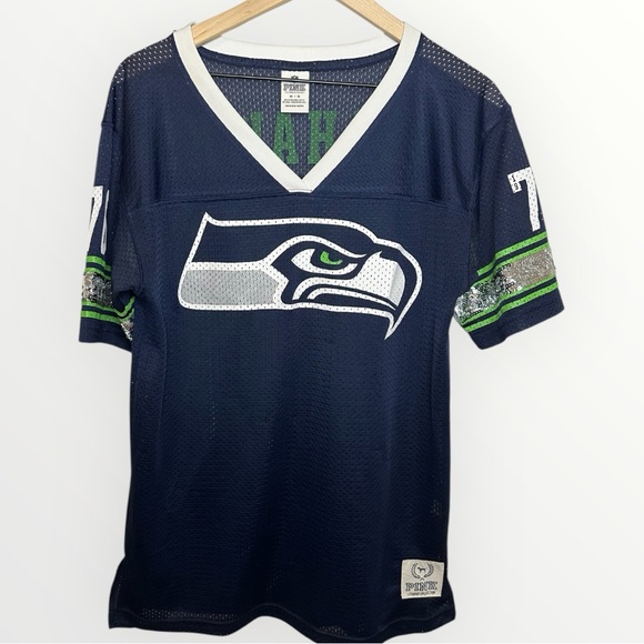 PINK Victoria's Secret Tops - PINK Victoria's Secret Navy Seattle Seahawks Medium Bling Sleeve Mesh Jersey Top